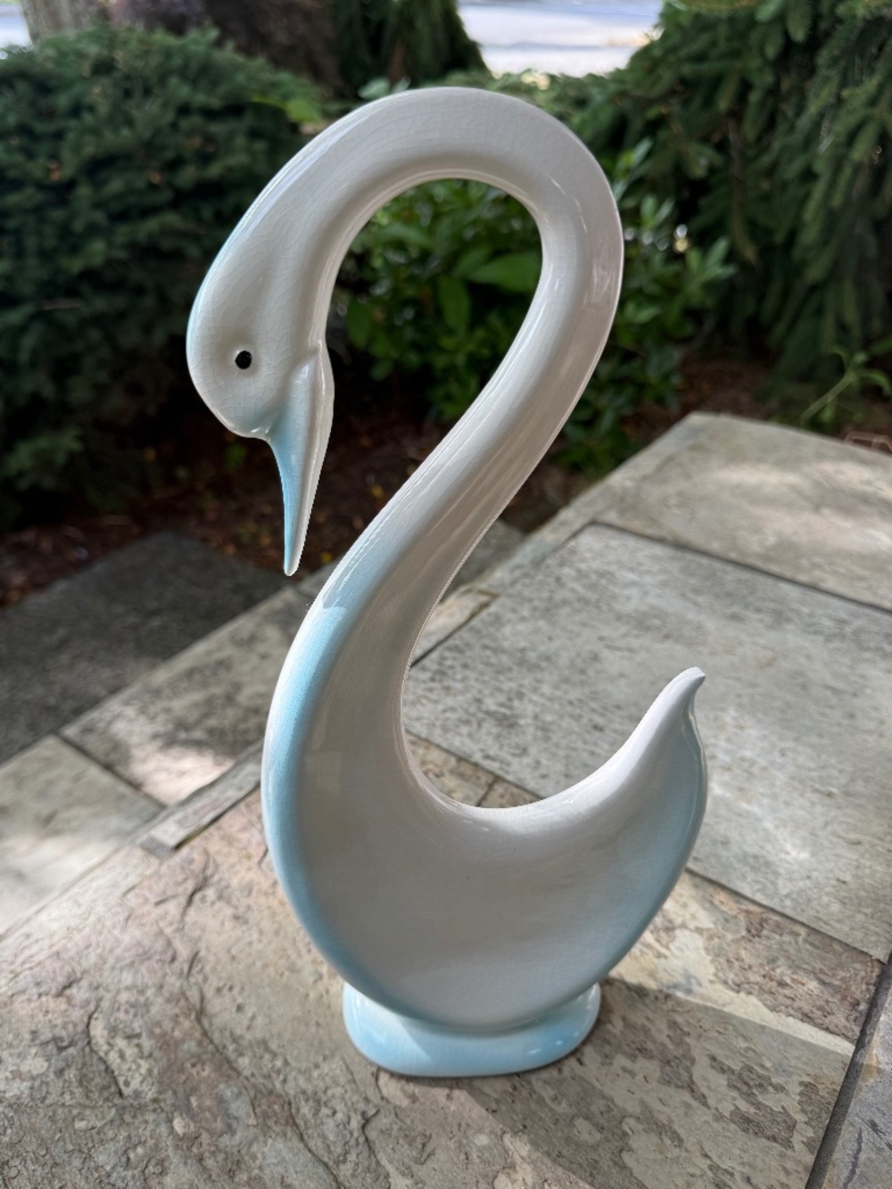 60s Ceramic Swan 13” Tall White & Blue Mcm Decor Mid Century Modern Bird Statue.